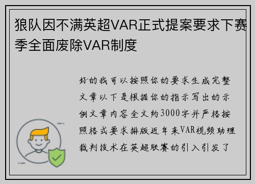 狼队因不满英超VAR正式提案要求下赛季全面废除VAR制度
