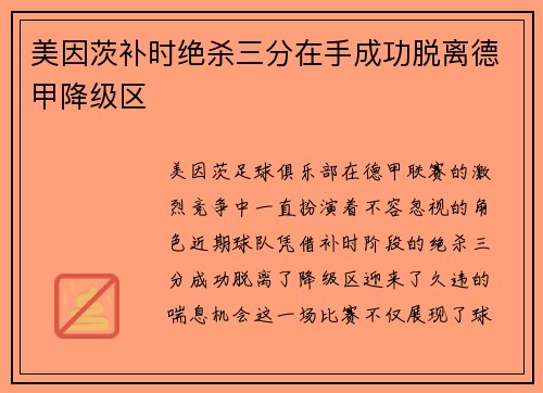 美因茨补时绝杀三分在手成功脱离德甲降级区
